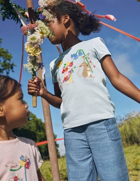 Raglan Sleeve Puff Sleeve Applique Top-Cloud Blue Animals