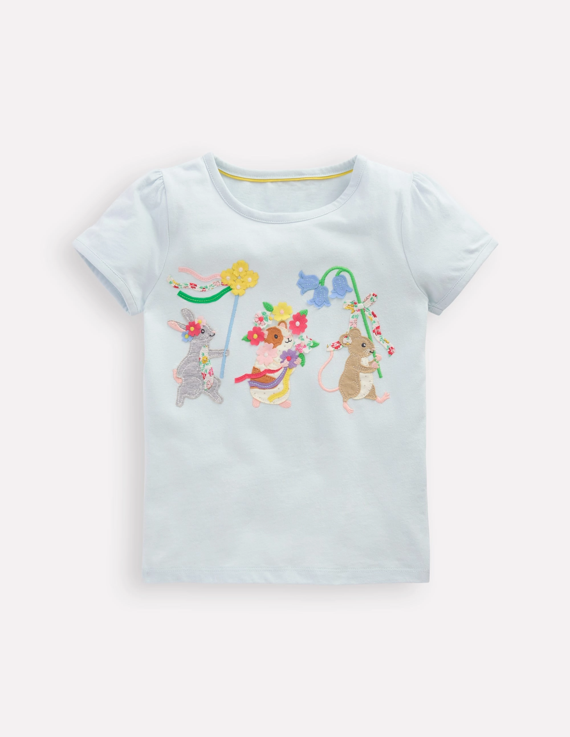 Flatlock Seam Technology Bohemian style Puff Sleeve Applique Top-Cloud Blue Animals