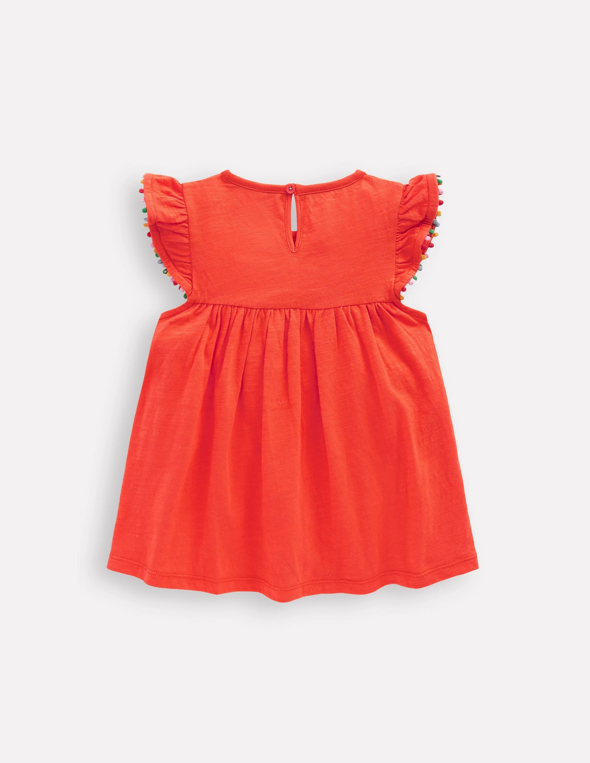 High Collar Protection Design Frill Sleeve Pom Top-Coral Orange
