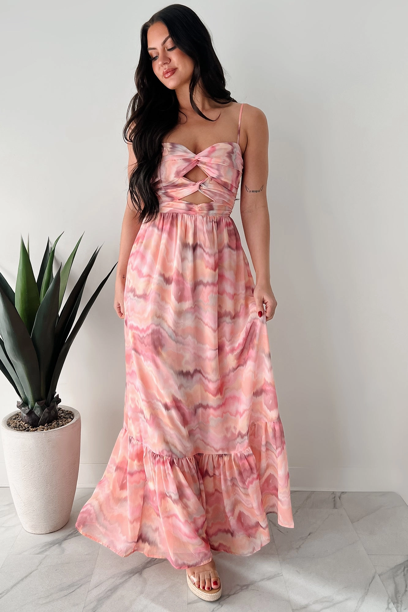 Winter Proof I Hope You Think Of Me Marble Printed Maxi Dress (Pink Multi)
