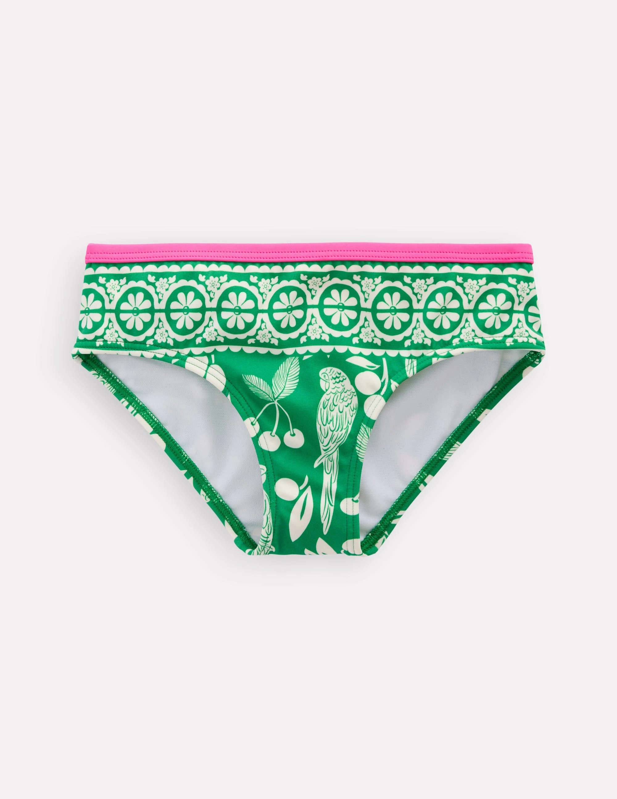 Patterned Bikini Bottoms-Rich Emerald Parrot Palm Temperature Regulating Fabric Chafe Resistant Edges