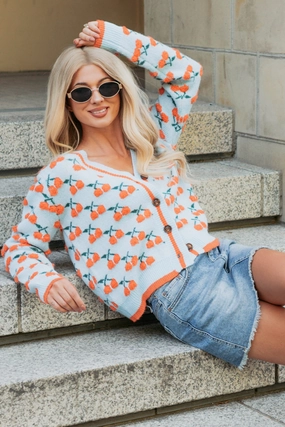 Bound Seam Edges Vibrant Life Cherry Knit Cardigan (Light Blue/Orange)