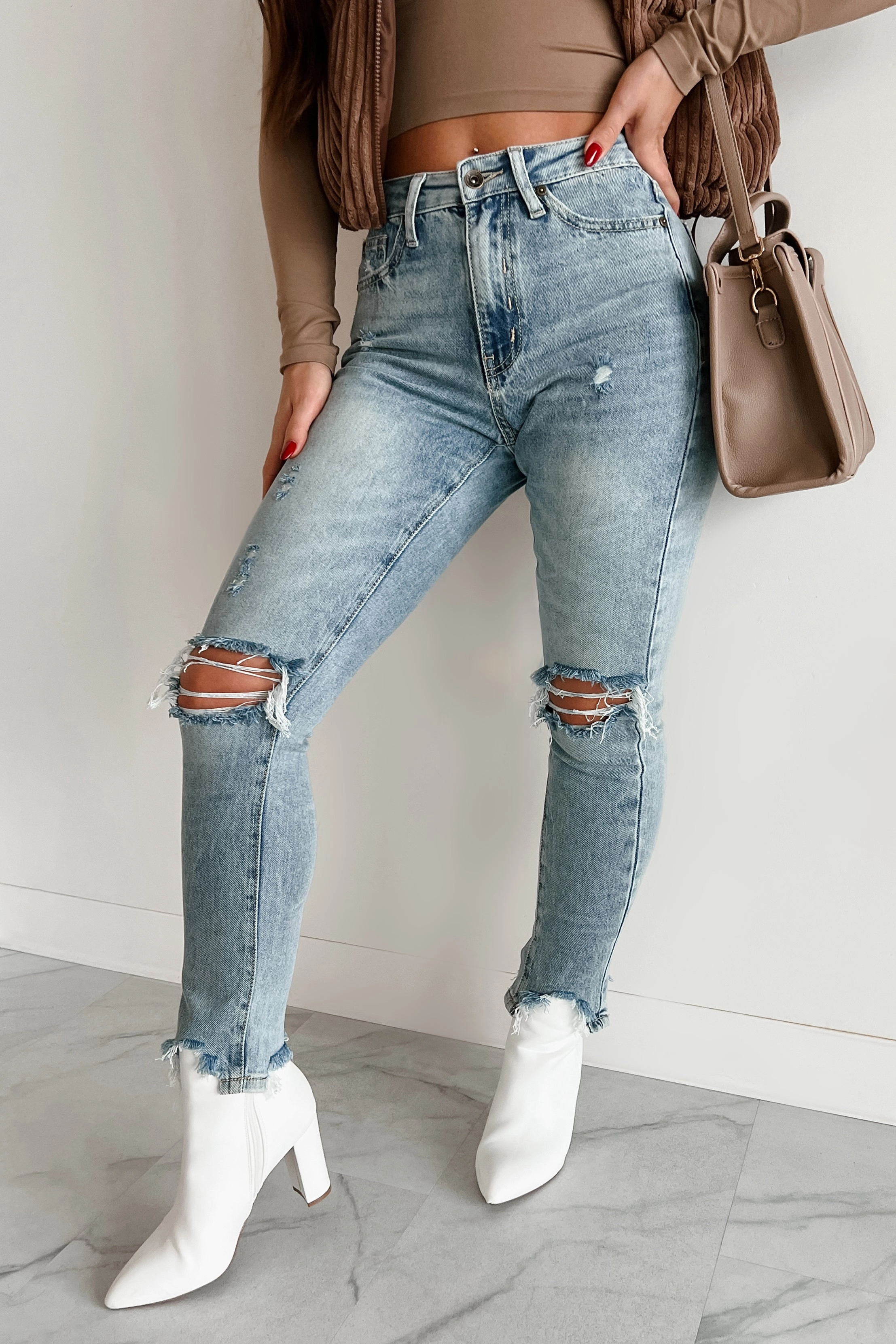 Cozy Layer Everyday Comfort Vince High Rise Distressed Special A Slim Straight Jeans (Medium Light)