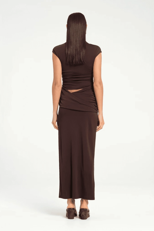 Royce Maxi Dress Chocolate Drapey Fabric