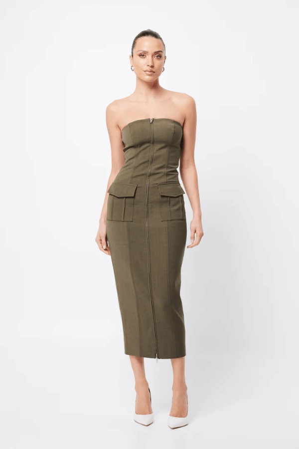 Smooth Texture Low Profile Midi Dress Khaki
