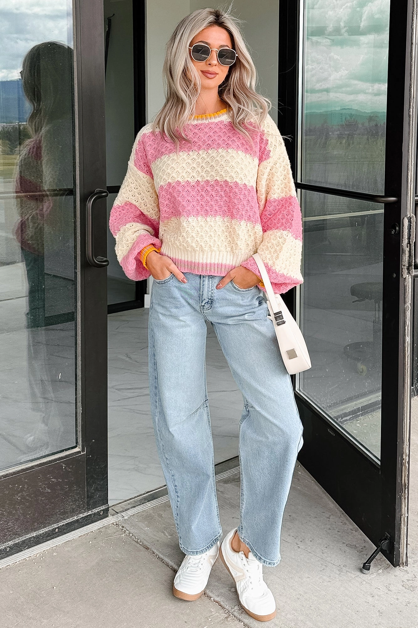 Warm Whispers Striped Crochet Knit POL Sweater (Pink) LayeredNeckline