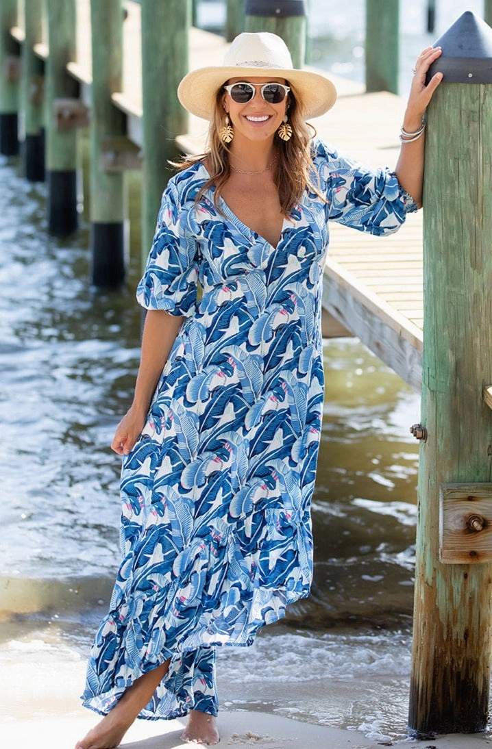 Comfy and Cozy Smocked-Detail Saline Dress Long / Cobalt Tropical