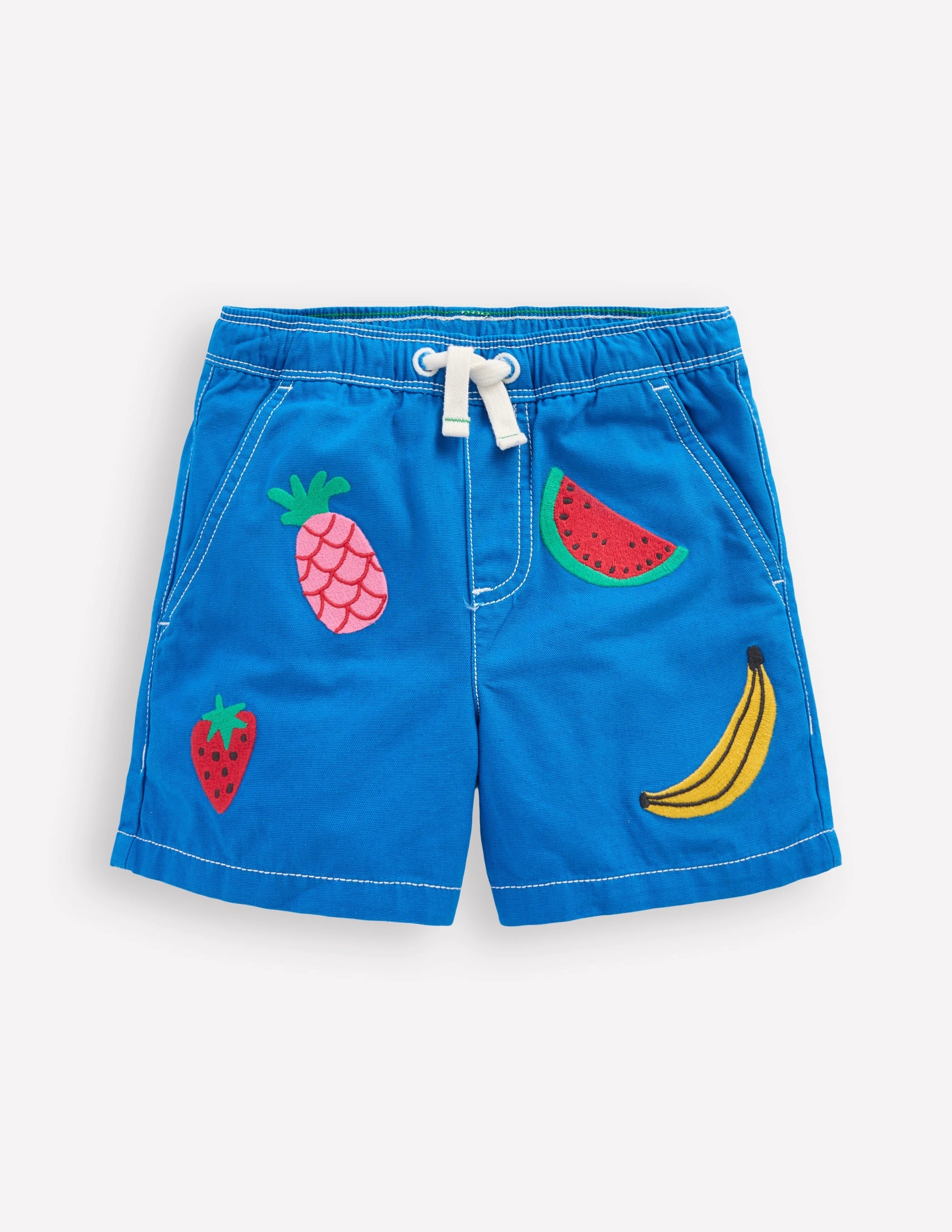 Sport Mood Pull-On Cotton Shorts-Fruit Embroidery