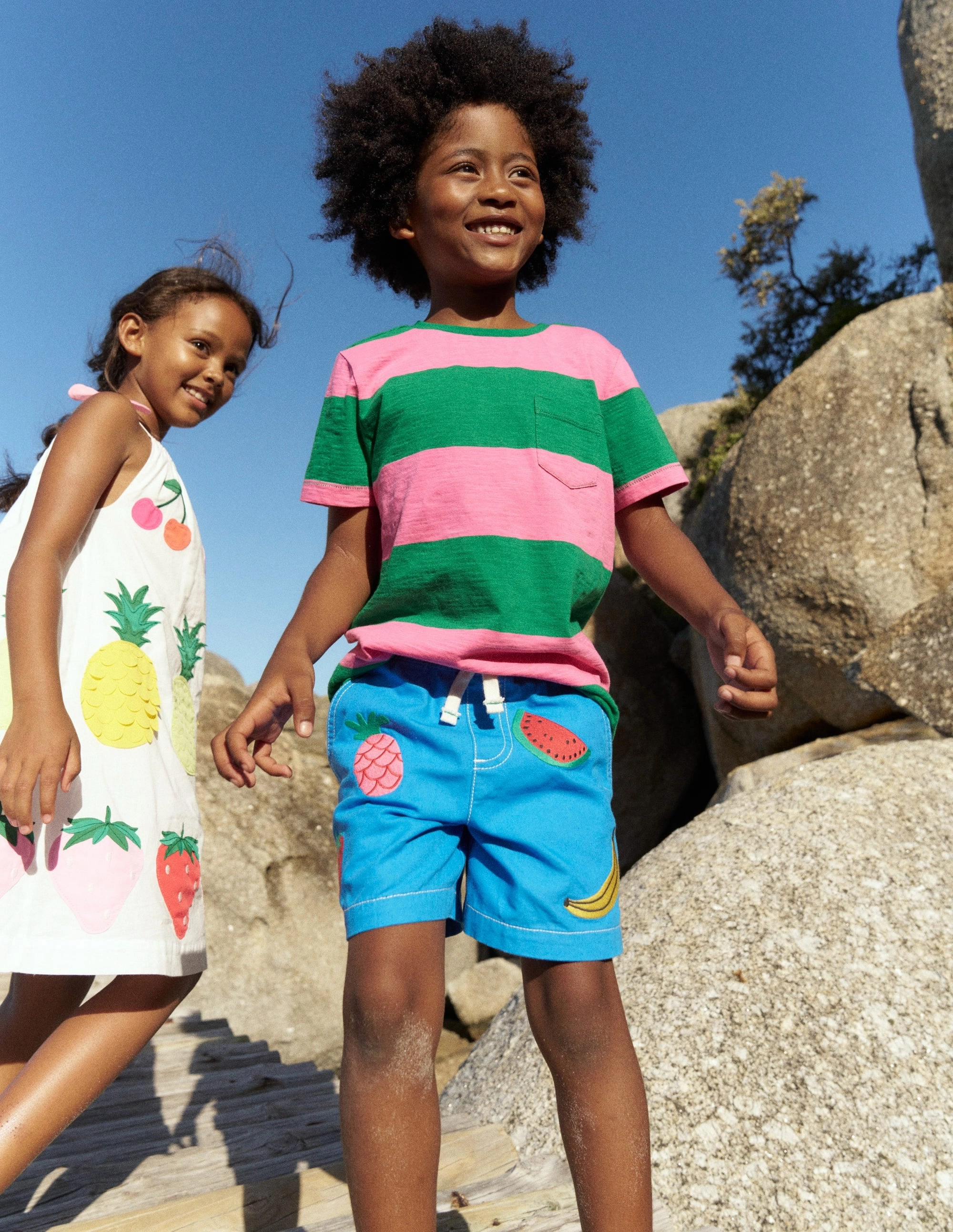 Slim Fit Design Pull-On Cotton Shorts-Fruit Embroidery