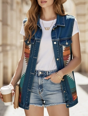 PATTERN BLOCK BUTTON DOWN CASUAL DENIM VEST Thermal Regulating Fabric