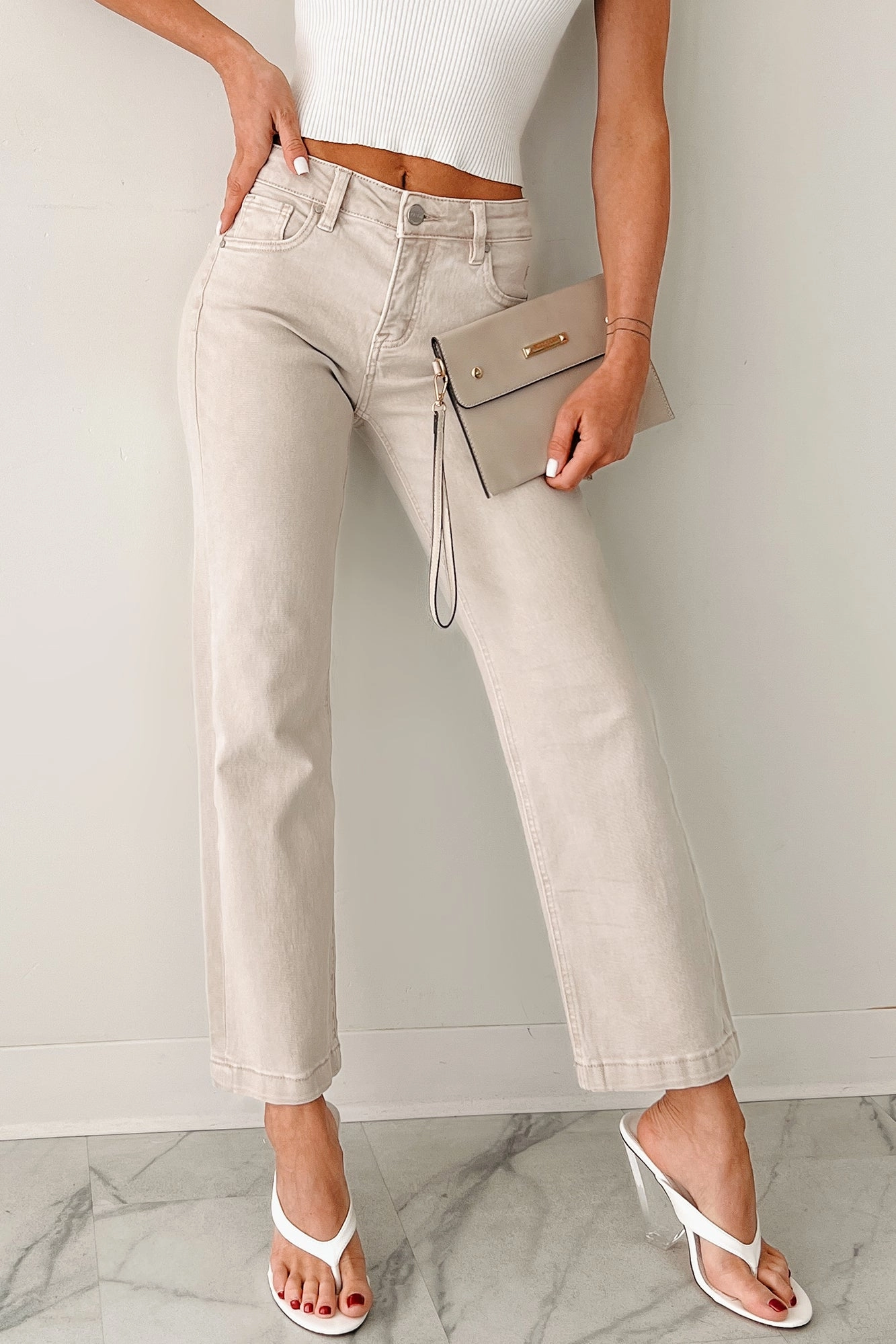 HighRiseWaist MultiPocket Manny Mid Rise Tummy Control Ankle Straight Risen Jeans (Almond)