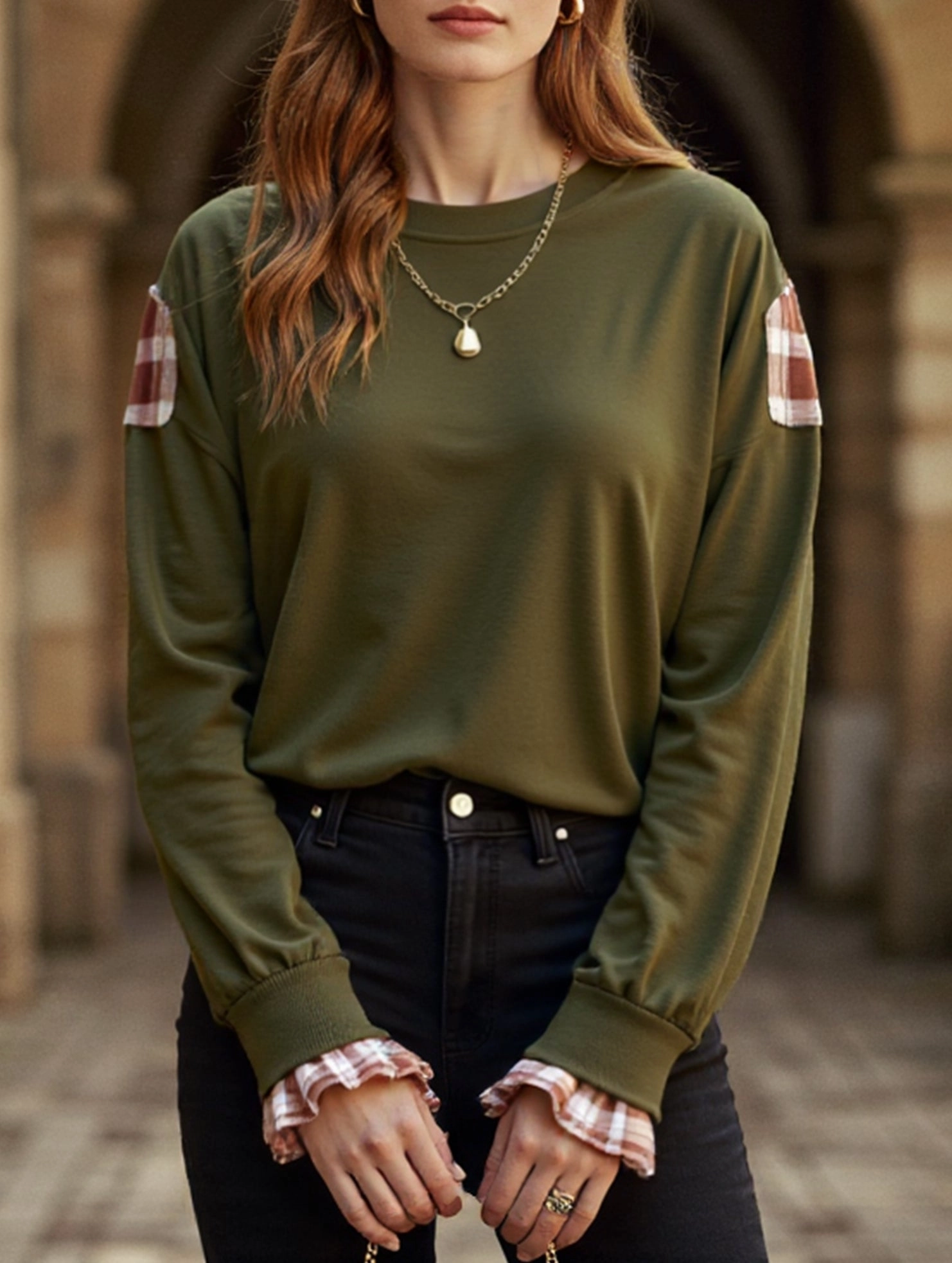 QuickDry SnagResistant Fabric Plaid Patchwork Crew Neck Pullover Sweatshirt