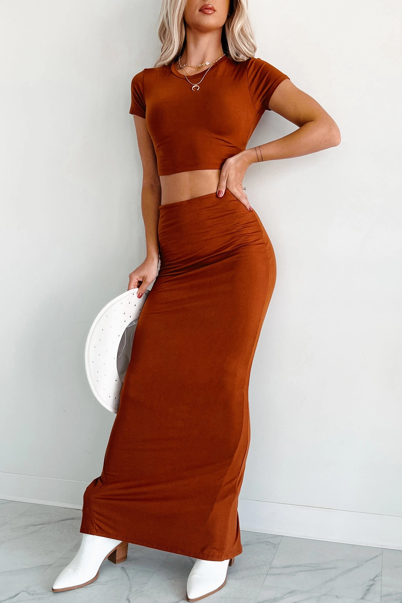 Comfort In Chaos Maxi Skirt (Rust) Body-Hugging Fit