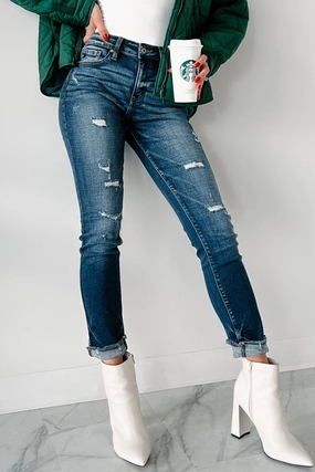 Comfortable Cut Flattering Cut Mary Anne High Rise Distressed Kancan Skinny Jeans (Dark)