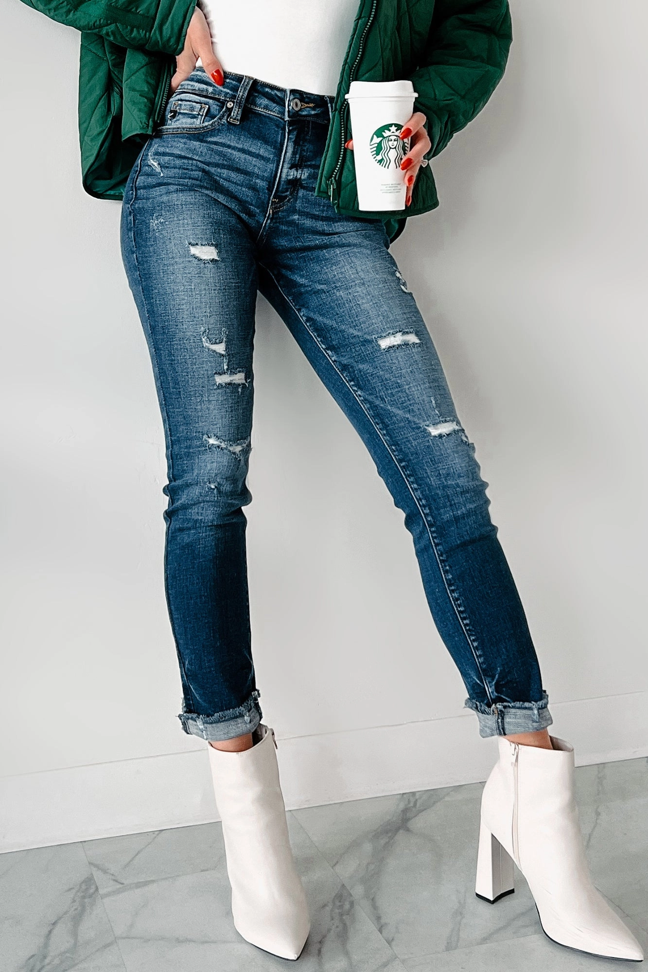 Comfortable Cut Flattering Cut Mary Anne High Rise Distressed Kancan Skinny Jeans (Dark)