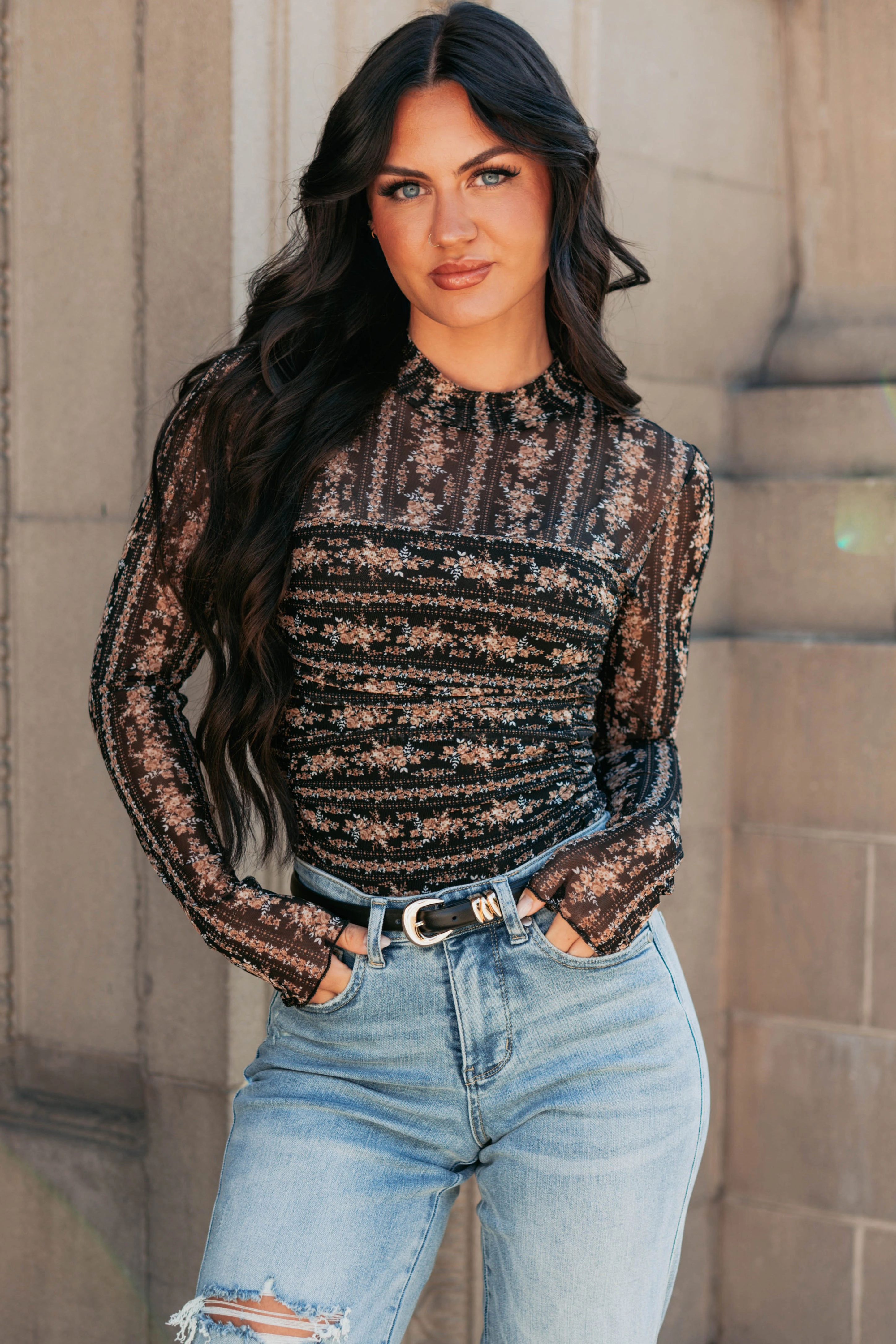 Whispered Promise Floral Ruched Bodysuit (Black) Loose Blouse