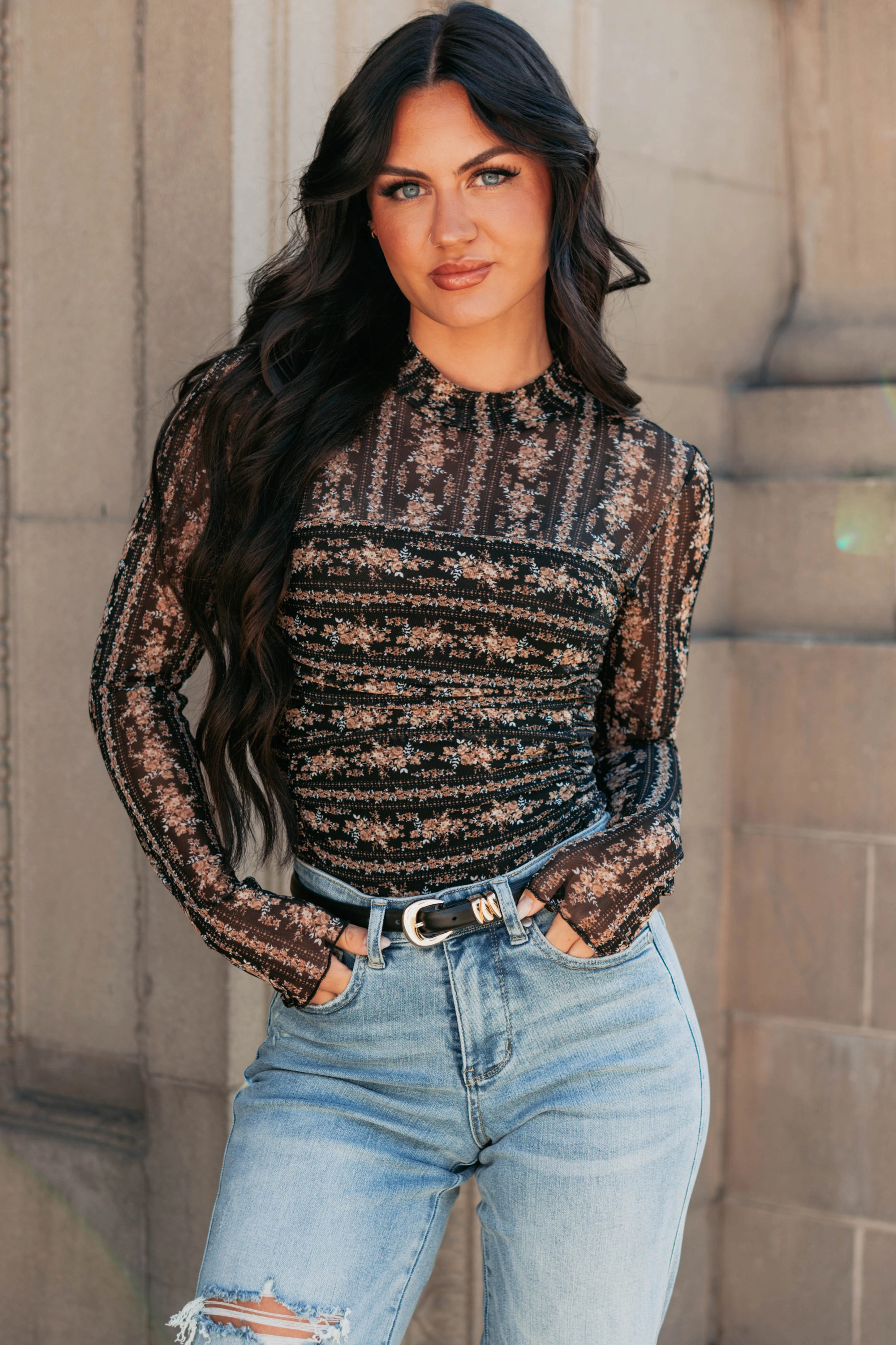 Whispered Promise Floral Ruched Bodysuit (Black) WrinkleFree Finish