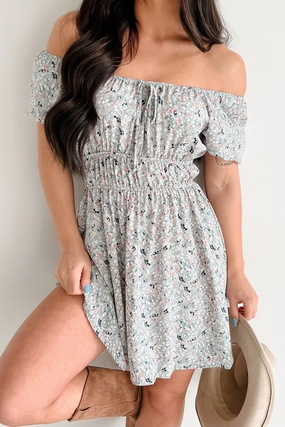 Urban Style Soft Neutral Wildflower Wish Puff Sleeve Floral Mini Dress (Sage/Multi)