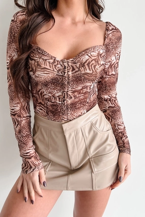 Wildly Attractive Hook Front Animal Print Bodysuit (Brown) Reflective Trim