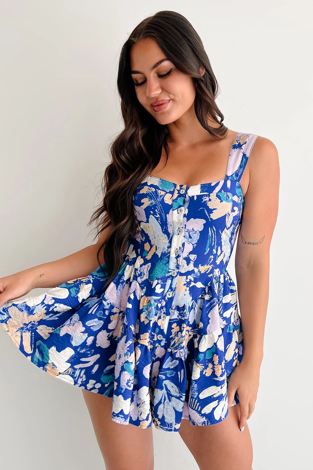 Pout About It Sleeveless Floral Romper (Retro Blue) Seasonal Essential