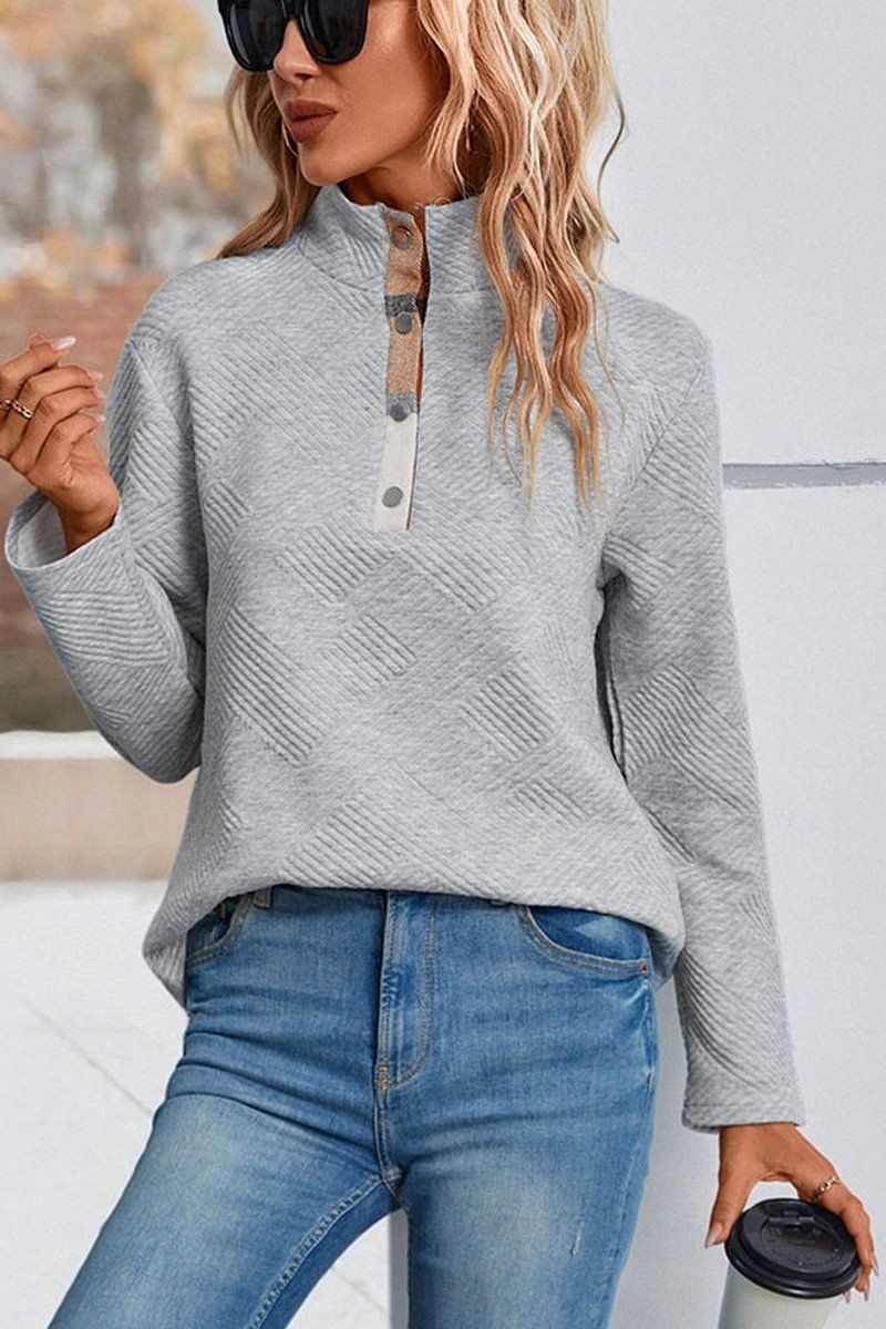 Reinforced Elbow Patches WOMEN BUTTONED HIGH NECK PLAID BLOCK PULLOVER TOP