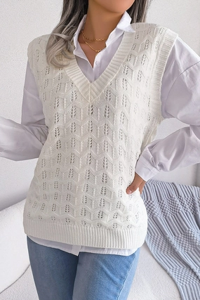 WaterResistant Linen Blend Fabric WOMEN CABLE KNITTED RIBBED V NECK SWEAT VEST