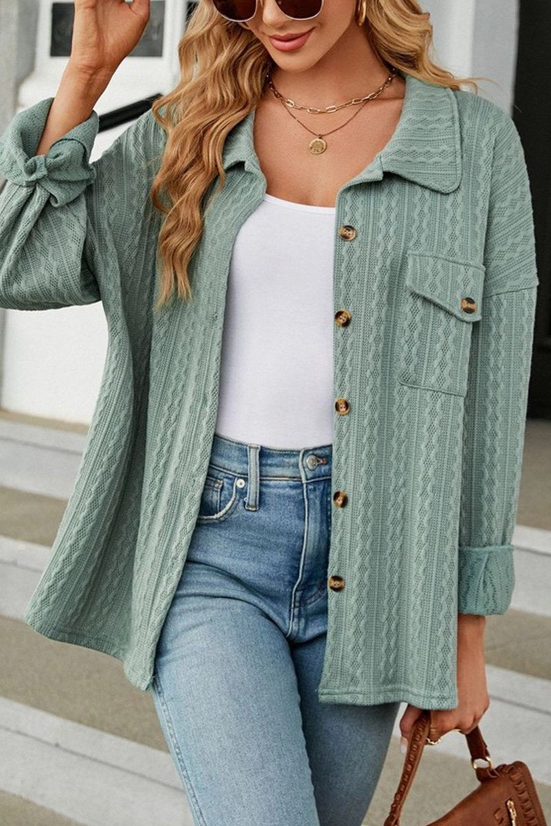 Chic Look WOMEN CABLE PATTERN STITCHED BUTTON DOWN SHACKET