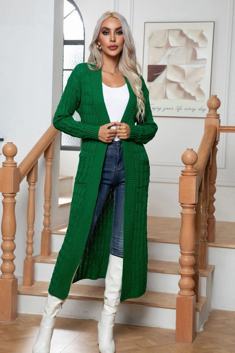 WOMEN CHUNKY CABLE KNITTED LONG LENGTH CARDIGAN Odor Resistant Yarn Dyed Pattern Cloth
