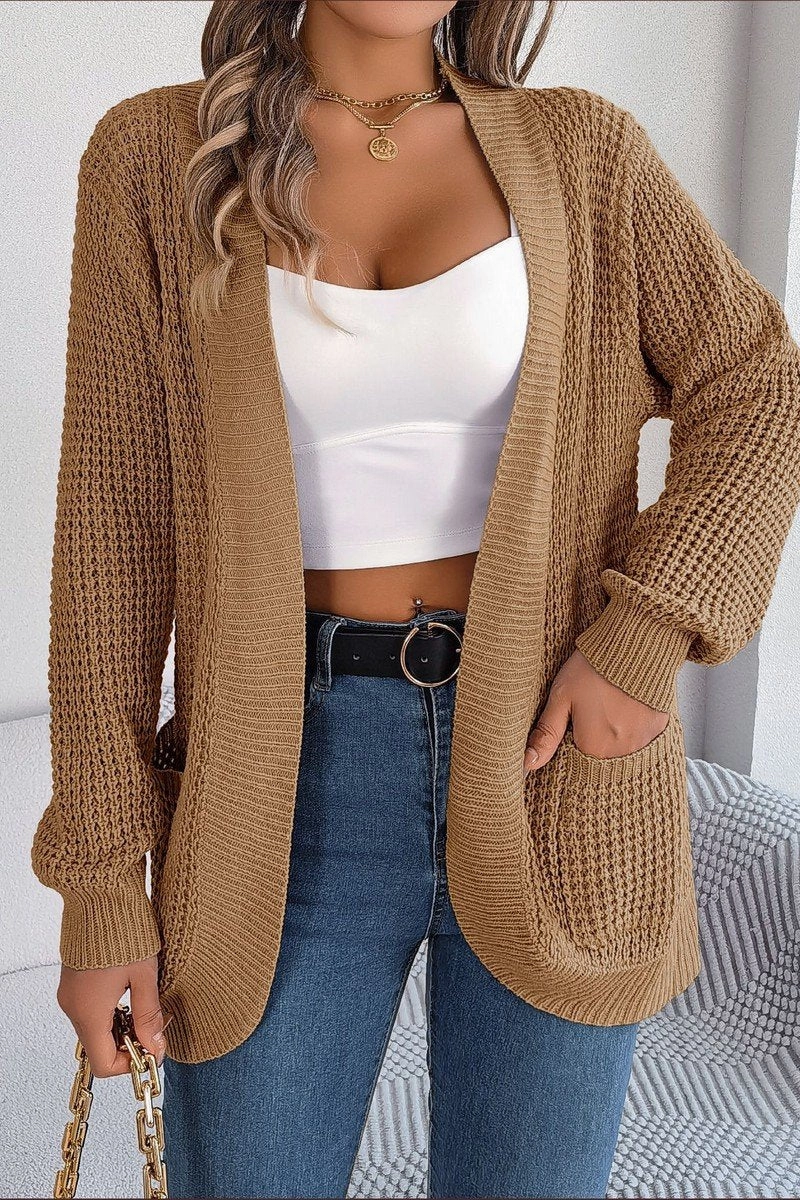 WOMEN CHUNKY WAFFLE KNIT OPEN FRONT CARDIGAN Reflective Accent Stripes VersatileLayering