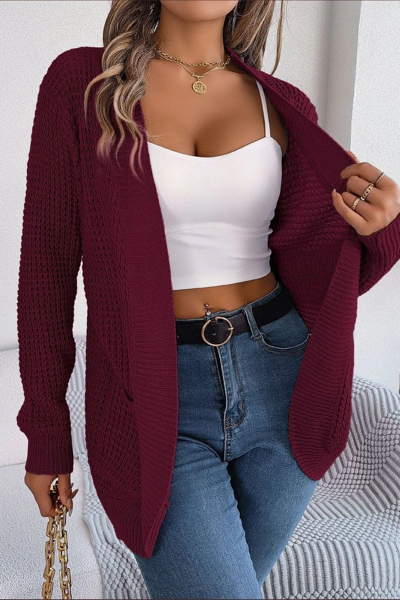 WOMEN CHUNKY WAFFLE KNIT OPEN FRONT CARDIGAN Airy Mesh Lining Reinforced Shoulder Panels