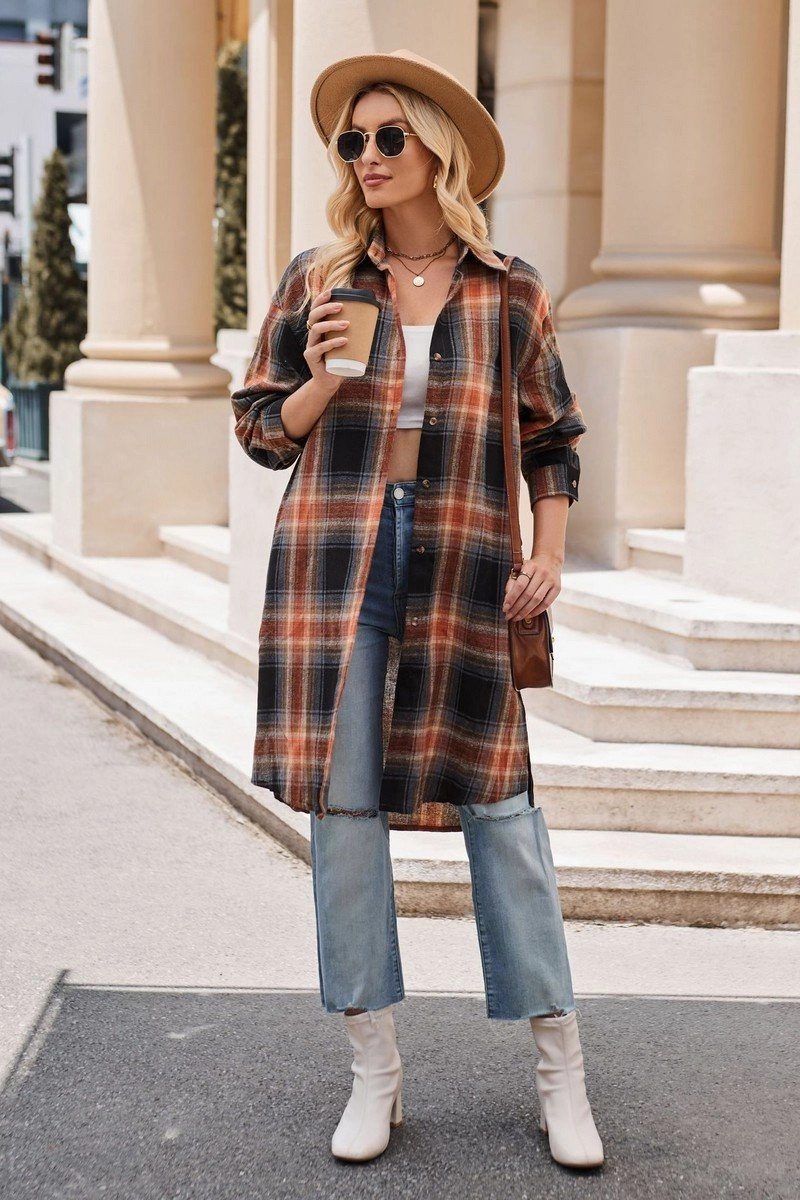 WOMEN CLASSIC PLAID PATTERN LONG LENGTH SHACKET Ribbed Knit Fabric