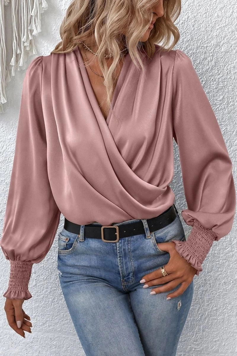 WOMEN CROSS WRAP RIBBED SLEEVE BLOUSE TOP BondedShoulder Lightweight Knit