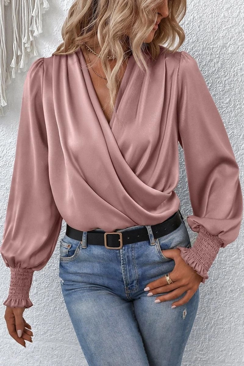 WOMEN CROSS WRAP RIBBED SLEEVE BLOUSE TOP Low Profile Collar LightweightFabric