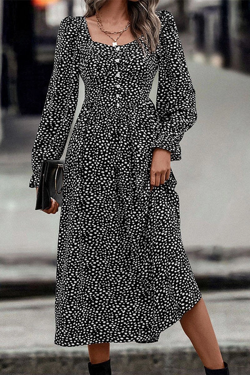 Everyday Style WOMEN DEEP SQUARE NECK LONG SLEEVE PATTERN DRESS