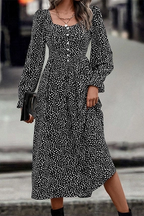 Everyday Style WOMEN DEEP SQUARE NECK LONG SLEEVE PATTERN DRESS