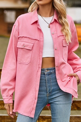 WOMEN DISTRESSED HEM BUTTON UP DENIM SHIRT Wrinkle Free Texture Garment Dyed Finish