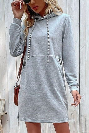 WOMEN DRAWSTRING HOODED SIDE POCKET MID DRESS Evening Classic