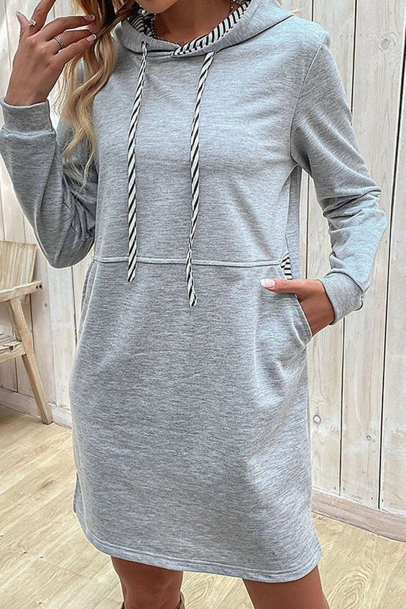 Smooth Surface Asymmetric-Neck WOMEN DRAWSTRING HOODED SIDE POCKET MID DRESS