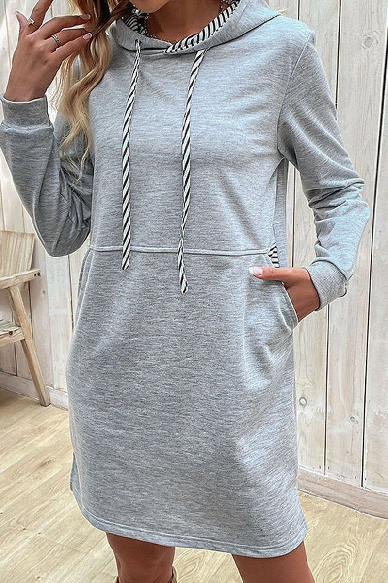 WOMEN DRAWSTRING HOODED SIDE POCKET MID DRESS A Line Cut Cozy Layer