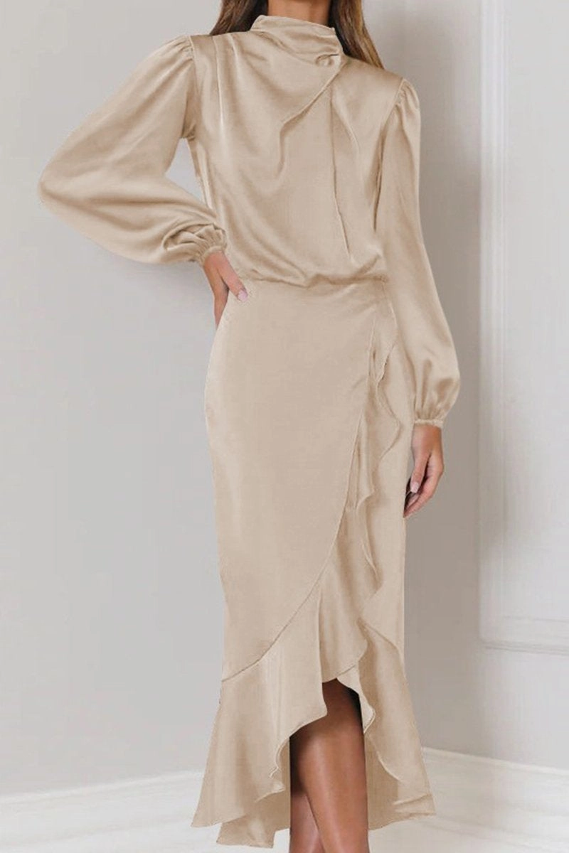 WOMEN ELEGANT LONG SLEEVE RUFFLE WRAP PARYT DRESS Pastel-Tone