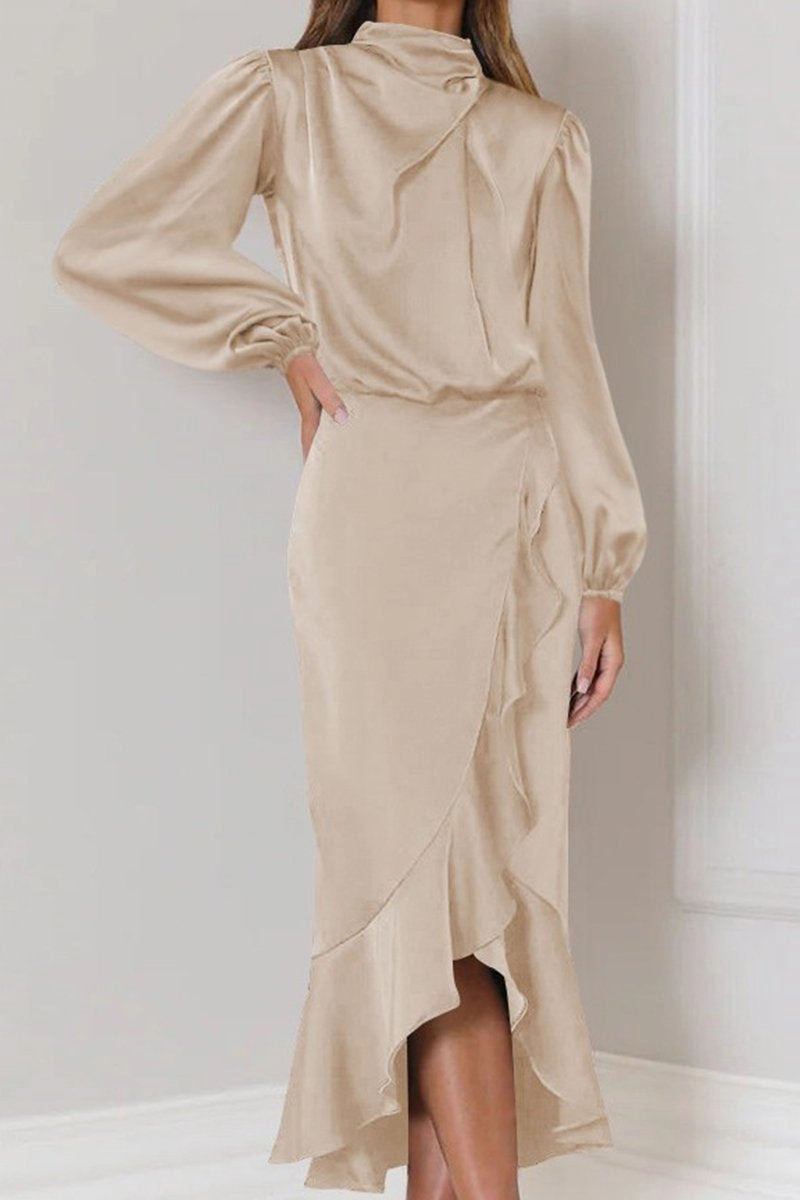 WOMEN ELEGANT LONG SLEEVE RUFFLE WRAP PARYT DRESS Subtle Charm Trendy Design