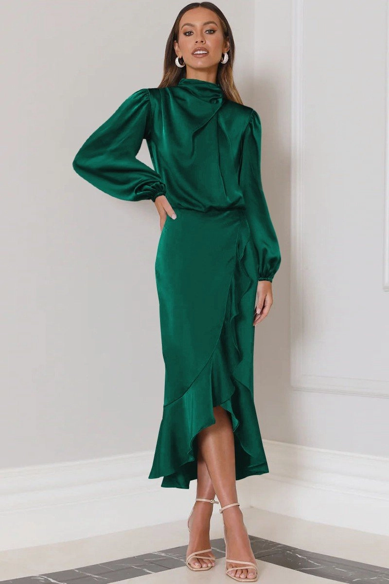 WOMEN ELEGANT LONG SLEEVE RUFFLE WRAP PARYT DRESS Workwear Comfort