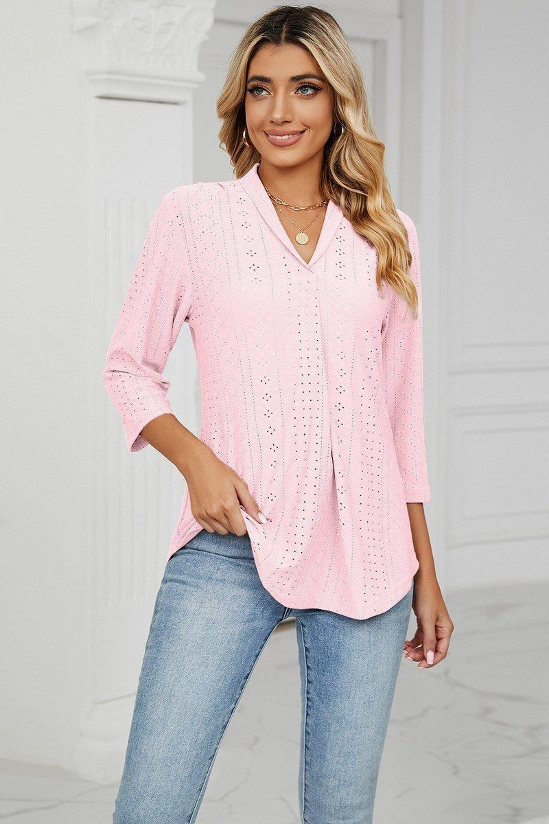 WOMEN EYELET COLLARED 3/4 SLEEVED BLOUSE TOP Chic Sweater