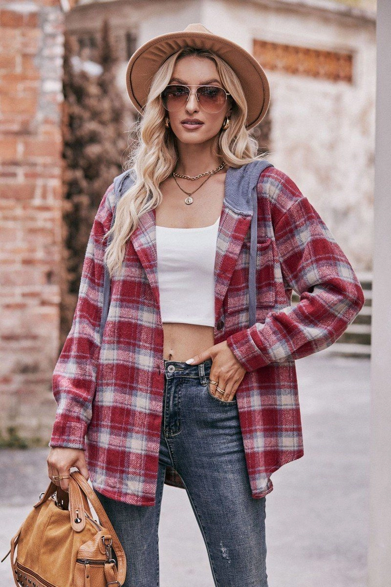 FlexibleCollar WOMEN FLANNEL PLAID HOODIE SHACKET