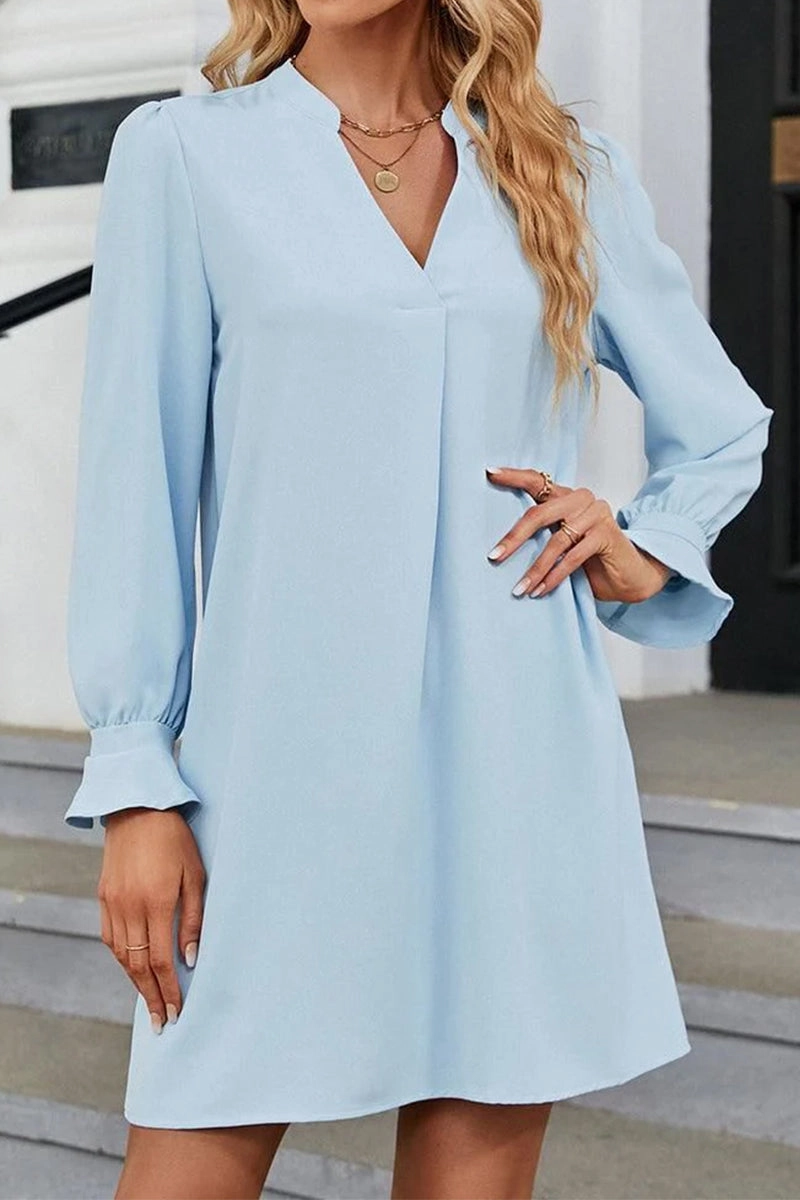 WOMEN FRILLED LONG SLEEVE V NECK SOLID DRESS Color Pop