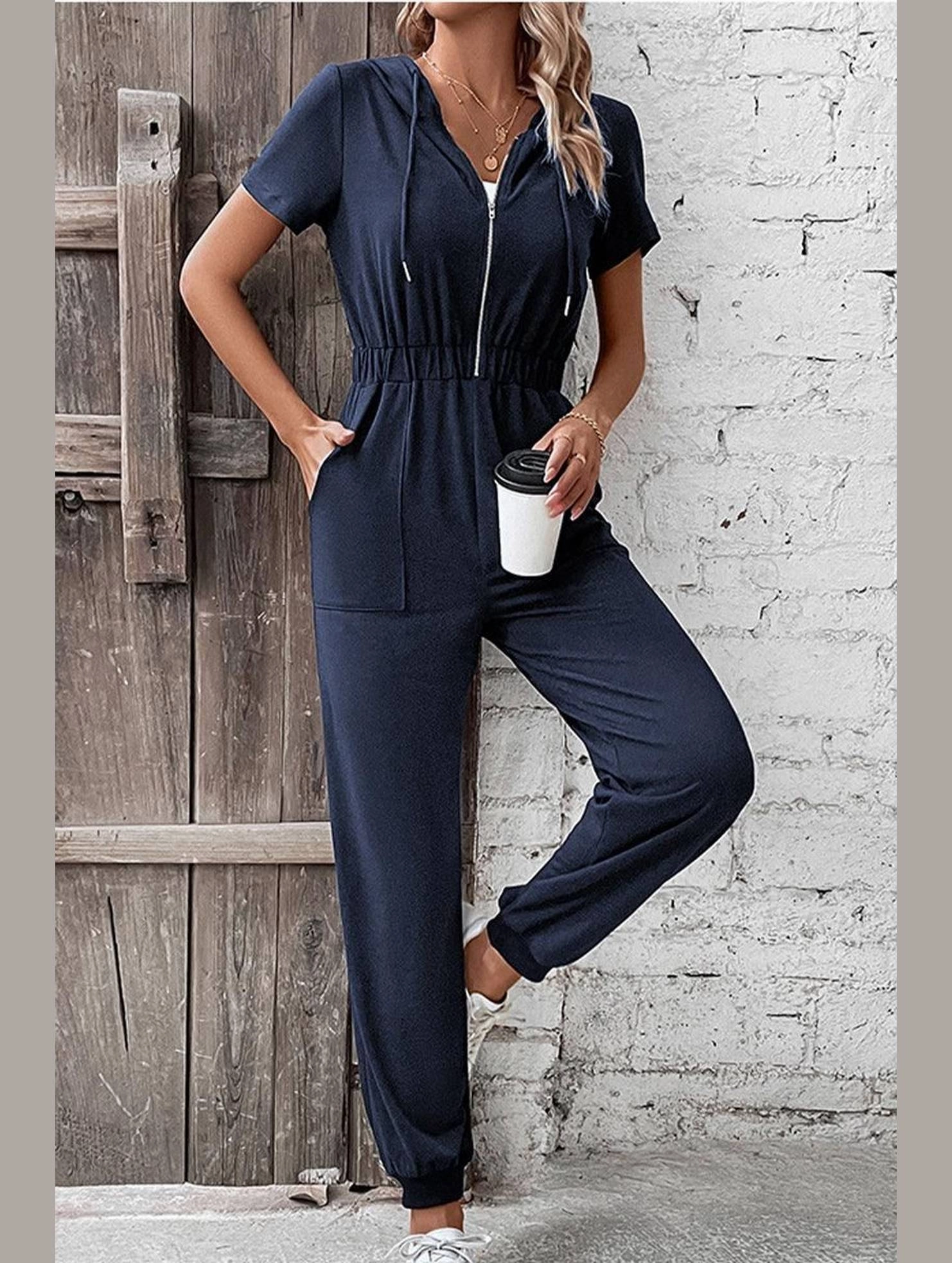 WOMEN HALF ZIP UP HOODED ELASTIC WAIST JUMPSUIT Trendy Sweater