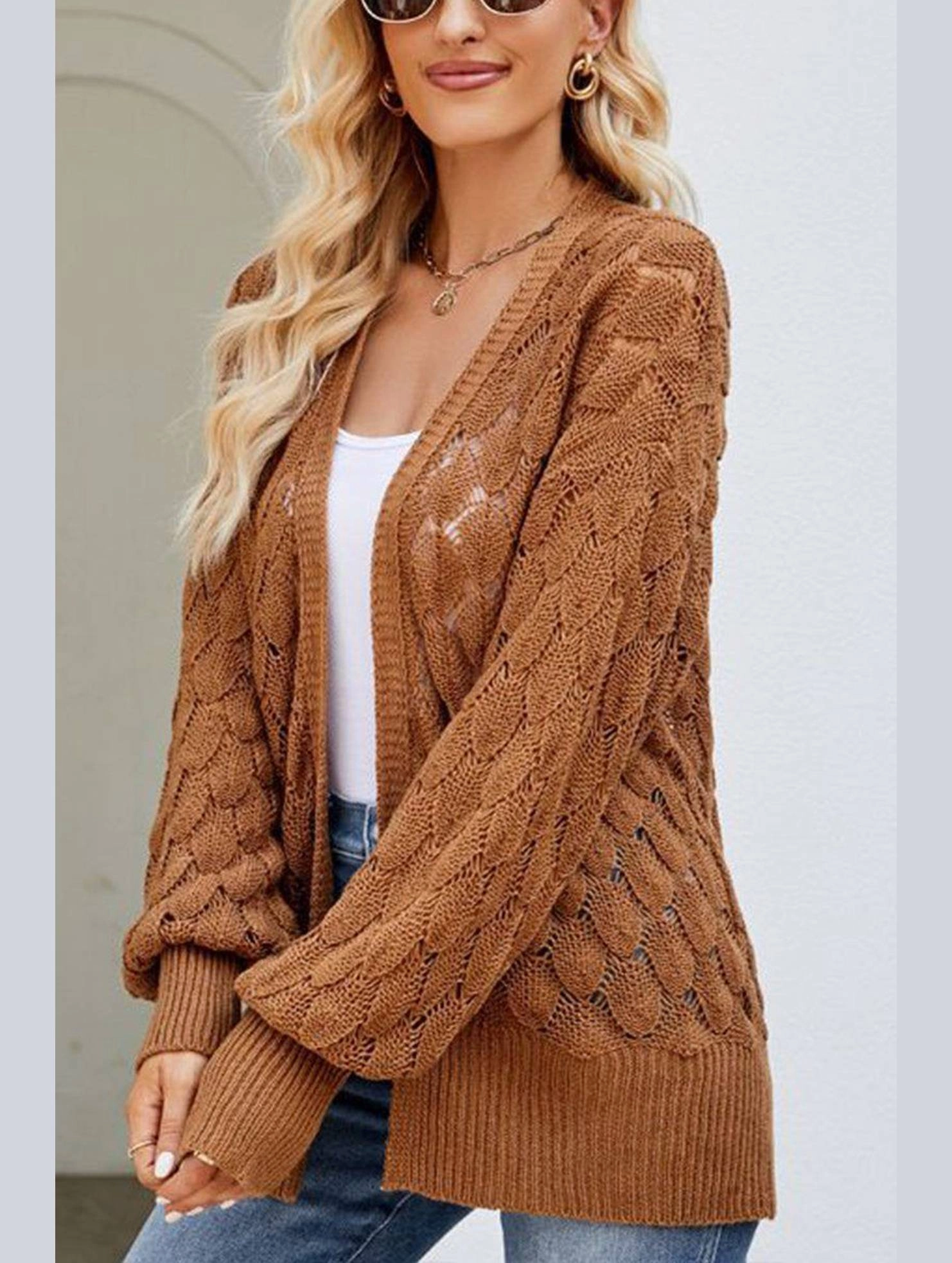 WOMEN HOLLOW OUT KNITTED SWEAT CARDIGAN Casual Jacket