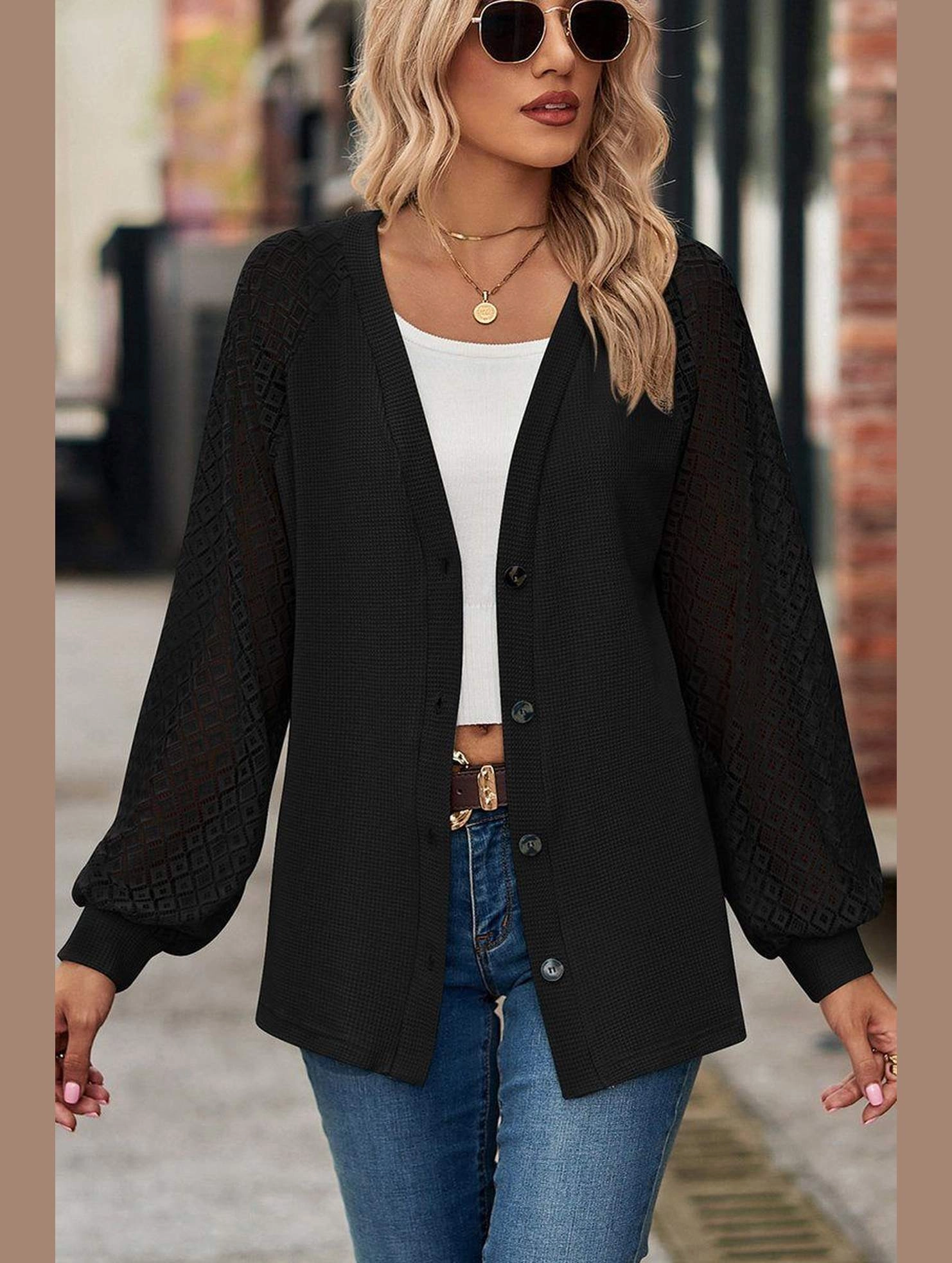 DoubleLayered WOMEN LACE TRIM SLEEVED BUTTON UP SHIRT