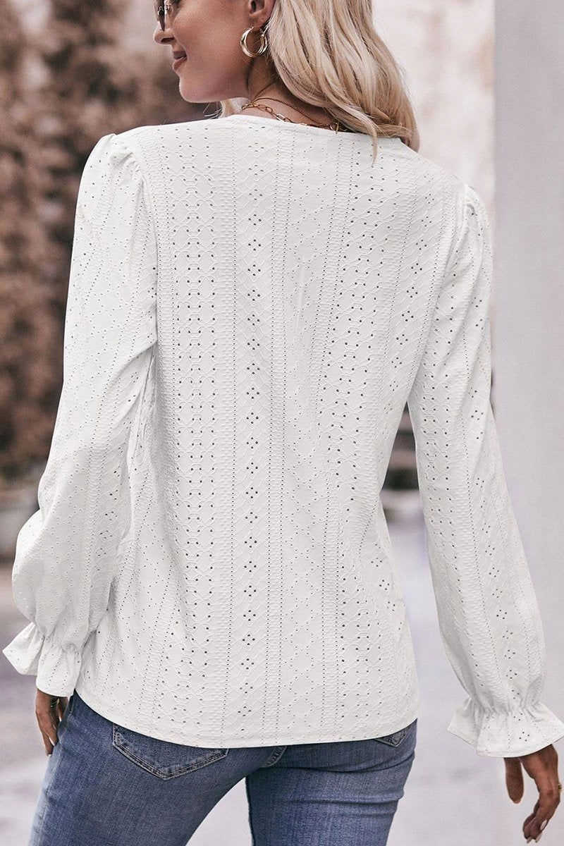 Compact Weave Fabric Gym Wear WOMEN LACE TRIM V NECK FLARED SLEEVE BLOUSE