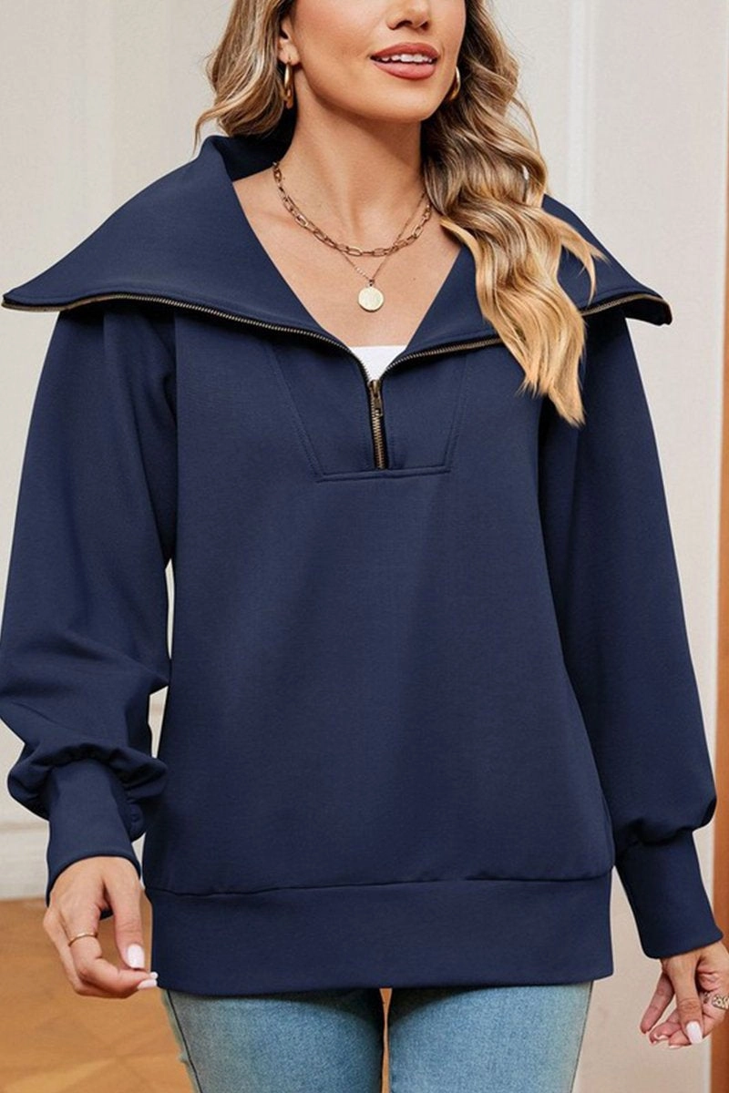 WOMEN LAPEL ZIP UP LONG SLEEVE LOOSE PULLOVER Hidden Storage Pocket